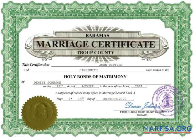 Realistic Bahamas marriage certificate Word and PDF template